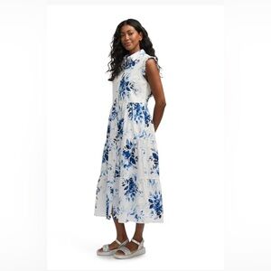 New Mexx Women's White Blue Button Floral Pattern Tiered Dress XL